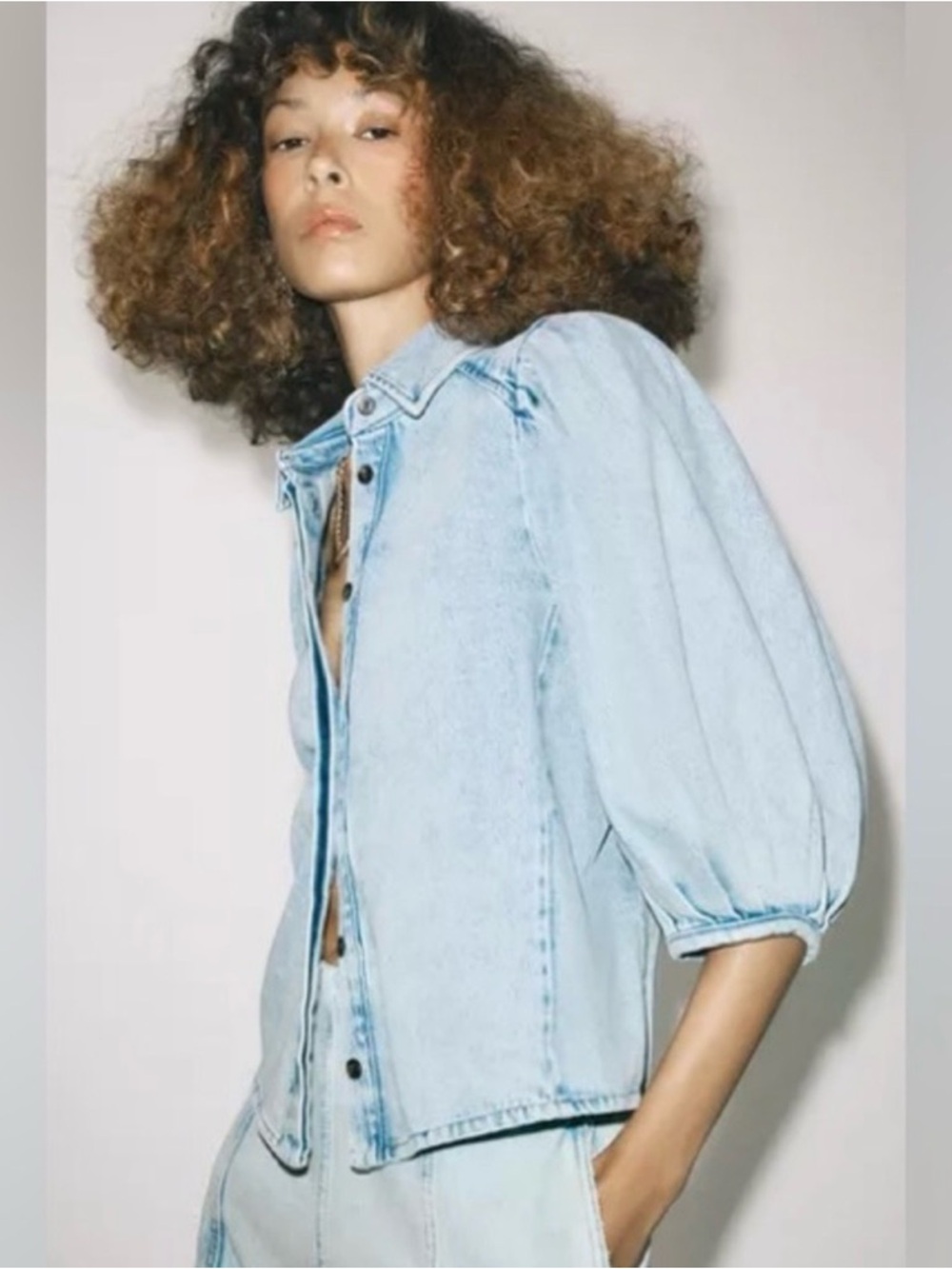 Zara Light Blue Puff-Sleeve Denim Blouse